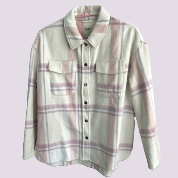 NWOT ONLY Pastel Pink and Purple Plaid Shirt Jacket - Picture 1 of 3